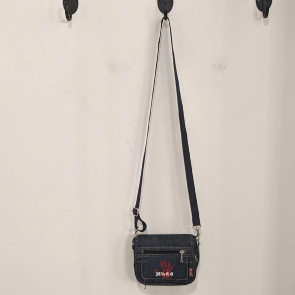 Vintage Denim Crossbody Bag with Red Handprint Accent